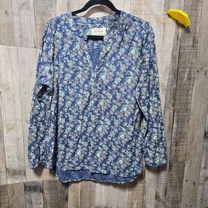 Old Ranch Blue Western Floral Geometric Tunic Large Cowgirl Rodeo Boho Office